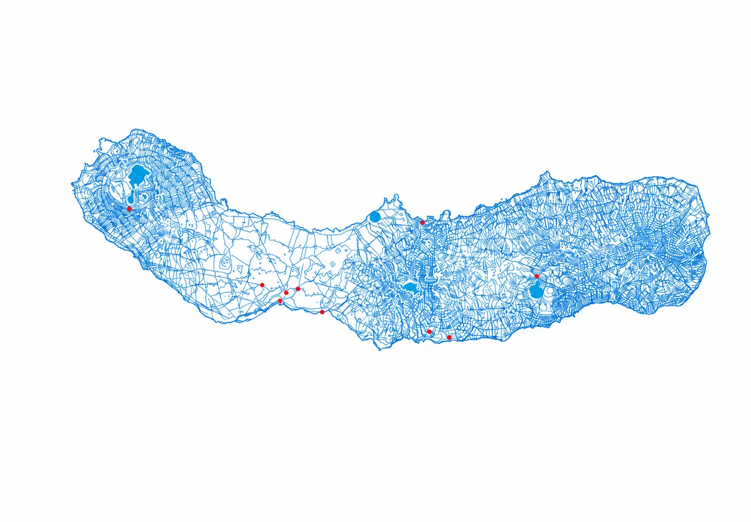 Hand-drawn map of the nine Azorean islands marking notable ruins