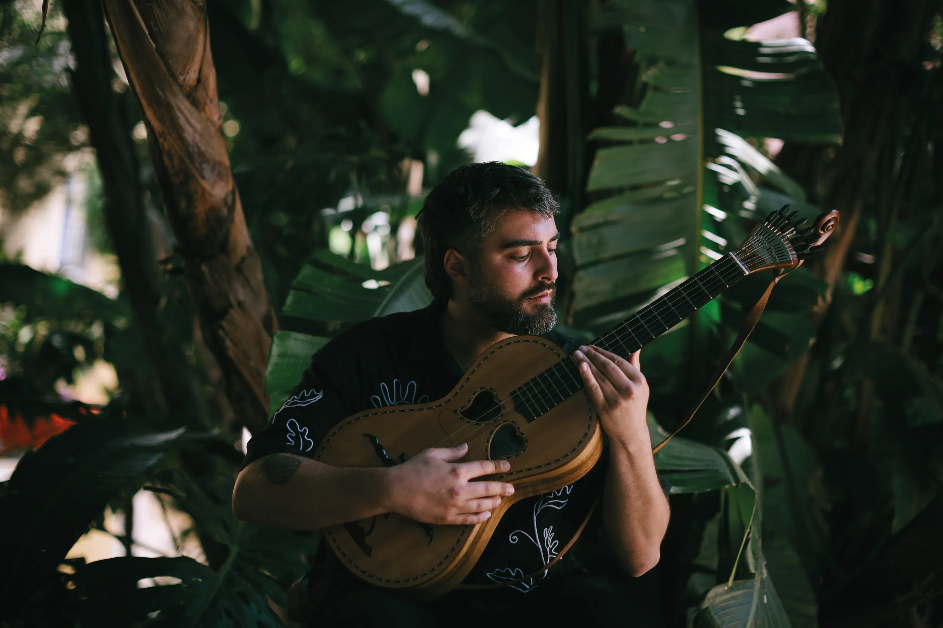 Romeu Bairos playing the viola da terra amid tropical plants